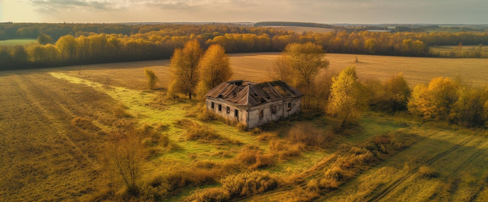 Midjourney prompt: 'an aerial view in a field, in the style of nikon d850, panorama, hdr, cabincore, barbizon school, cold and detached atmosphere, viennese secession --ar 125:52 --s 750 --v 5'
