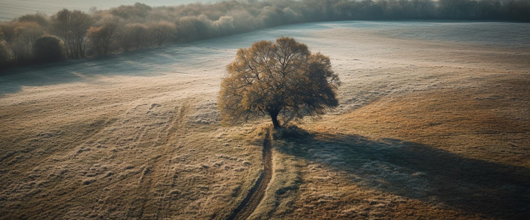 Midjourney prompt: 'aerial view of an empty field and lone tree isolated on photo, in the style of wollensak 127mm f/4.7 ektar, english countryside, carl zeiss distagon t* 15mm f/2.8 ze, atmospheric woodland imagery, asymmetry, organic form, rural life scenes --ar 125:52 --s 750 --v 5'