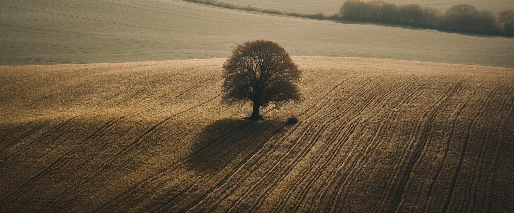 Midjourney prompt: 'aerial view of an empty field and lone tree isolated on photo, in the style of wollensak 127mm f/4.7 ektar, english countryside, carl zeiss distagon t* 15mm f/2.8 ze, atmospheric woodland imagery, asymmetry, organic form, rural life scenes --ar 125:52 --s 750 --v 5'