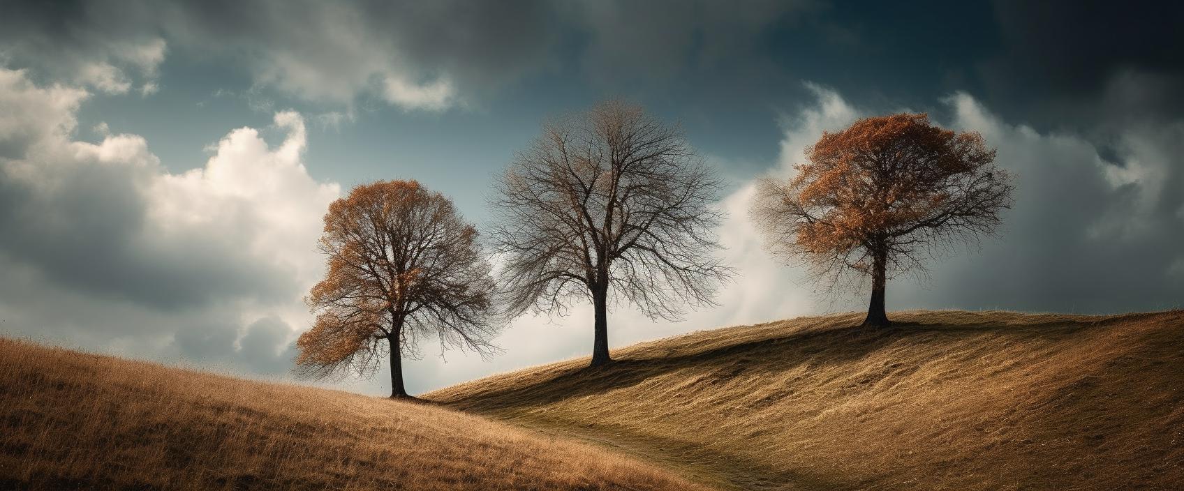 Midjourney prompt: 'a cloudy sky over an empty hill, in the style of steinheil quinon 55mm f/1.9, ethereal trees, uhd image, stockphoto, figurative simplicity, playing with light and shadow, light cyan and brown --ar 125:52 --s 750 --v 5'