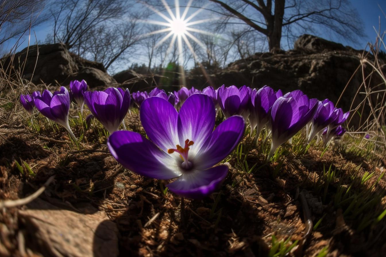 Midjourney prompt: 'the sun gives a beautiful bright light to purple crocus flowers, in the style of fisheye lens, zeiss batis 18mm f/2.8, emek golan, illuminated manuscript-esque, playing with light and shadow, stock photo, nature-inspired installations --ar 500:333 --s 750 --v 5'