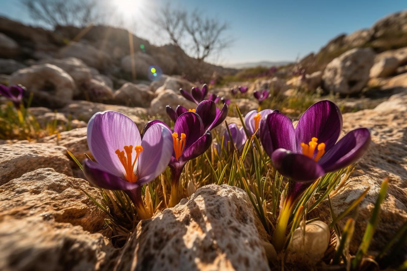 Midjourney prompt: 'purple crocus blooming in spring in ramadan, israel, in the style of sunrays shine upon it, zeiss batis 18mm f/2.8, fisheye lens, uhd image, naturalistic poses, light crimson and yellow, crystalline and geological forms --ar 500:333 --s 750 --v 5'