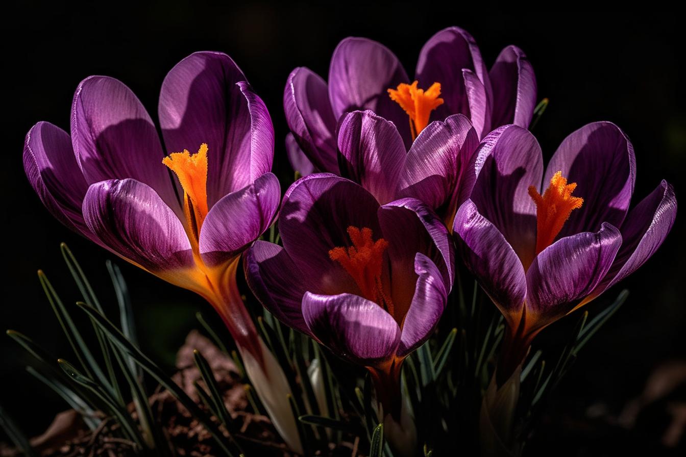 Midjourney prompt: 'purple crocus flowers grow in the sunshine, in the style of tokina opera 50mm f/1.4 ff, contrasting lights and darks, iso 200, stephen shortridge, light crimson and yellow, luminous shadowing, nicolas poussin --ar 500:333 --s 750 --v 5'
