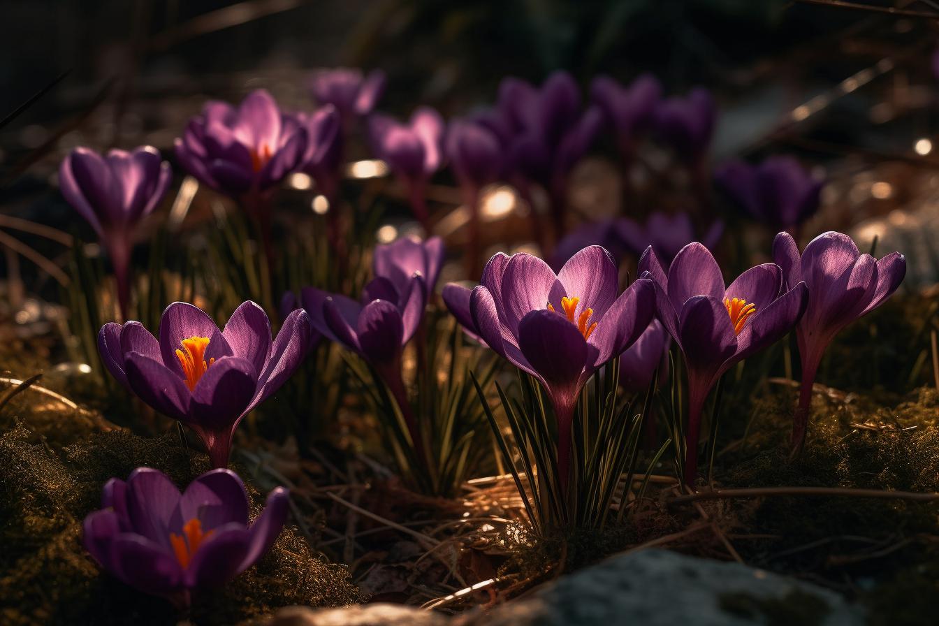 Midjourney prompt: 'many purple crocuses bloom in the shade, in the style of zeiss otus 85mm f/1.4 apo planar t*, dark pink and light amber, uhd image, nature-inspired imagery, swiss realism, golden light, luminous shadowing --ar 500:333 --s 750 --v 5'