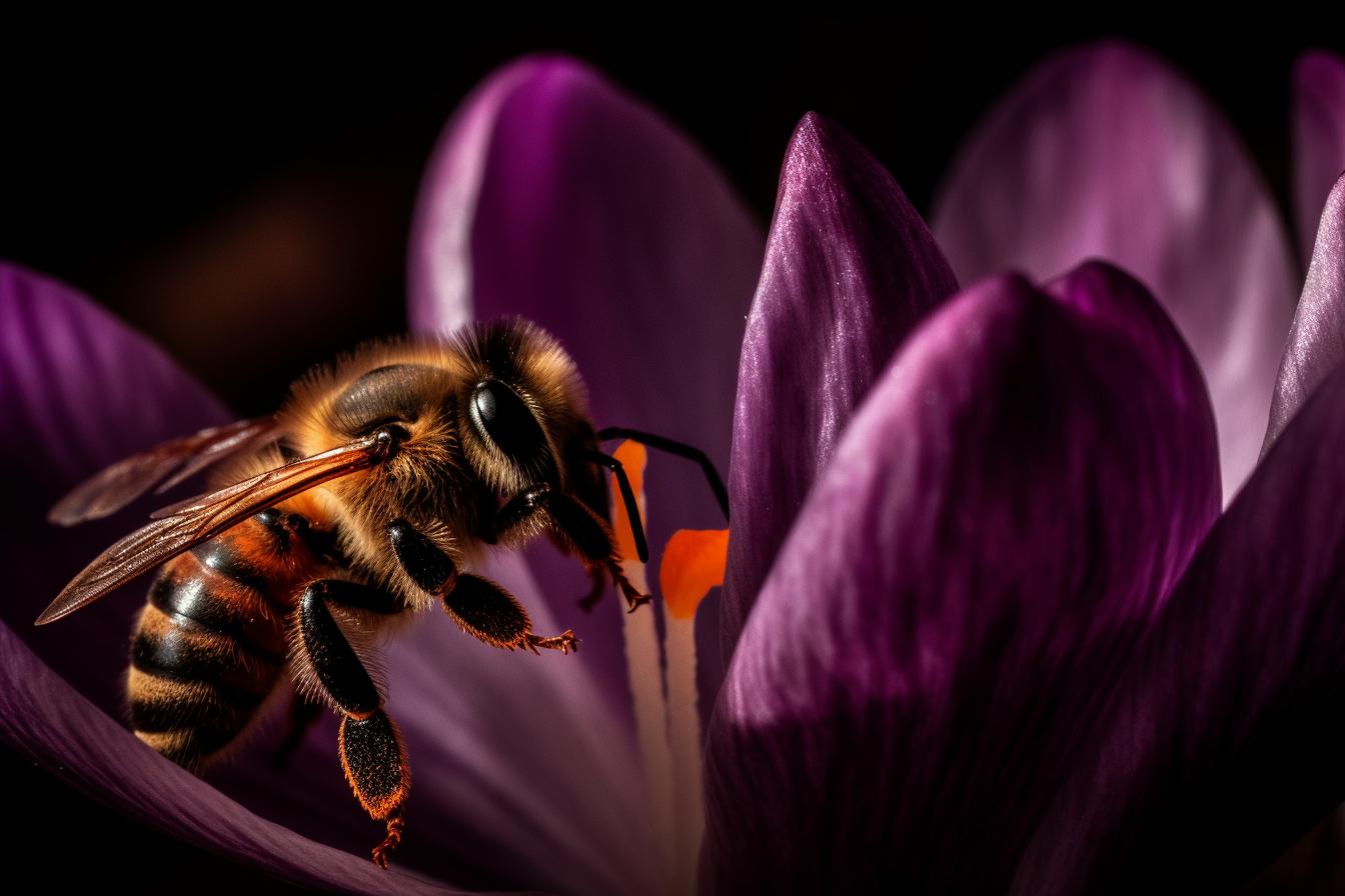 Midjourney prompt: 'a bee feeding on crocus flowers, in the style of intense and dramatic lighting, light brown and magenta, nikon d850, innovating techniques, detailed attention to costume and fashion, 1000–1400 ce, tondo --ar 500:333 --s 750 --v 5'