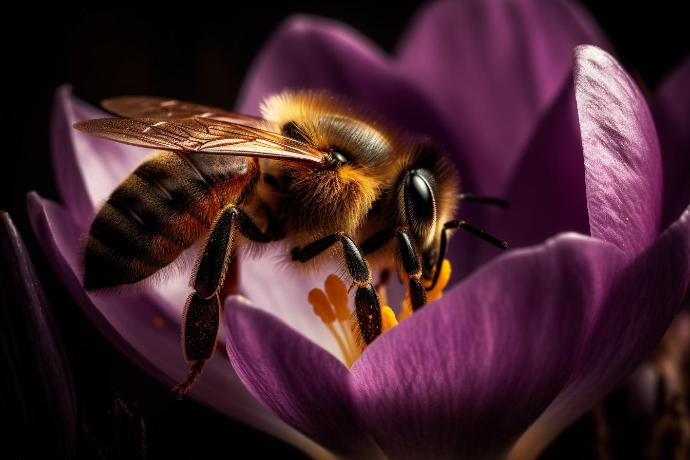 Midjourney prompt: 'a bee feeding on crocus flowers, in the style of intense and dramatic lighting, light brown and magenta, nikon d850, innovating techniques, detailed attention to costume and fashion, 1000–1400 ce, tondo --ar 500:333 --s 750 --v 5 '