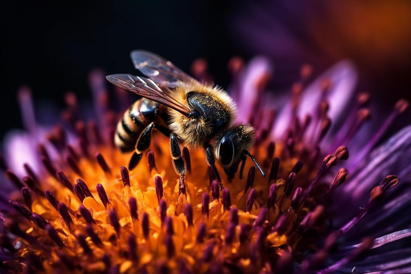 Midjourney prompt: 'a bee on a purple flower with a bee humming, in the style of microscopic views, golden light, raw vulnerability, sharpness, uhd image, stockphoto, dark orange and yellow --ar 500:333 --s 750 --v 5 '
