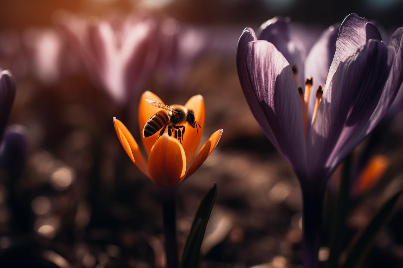 Midjourney prompt: 'b, bee on the crocus by jaguar01, in the style of anamorphic lens flare, fujifilm x-t4, lively movement portrayal, tokina at-x 11-16mm f/2.8 pro dx ii, dark azure and dark amber, motion blur, stockphoto --ar 500:333 --s 750 --v 5'