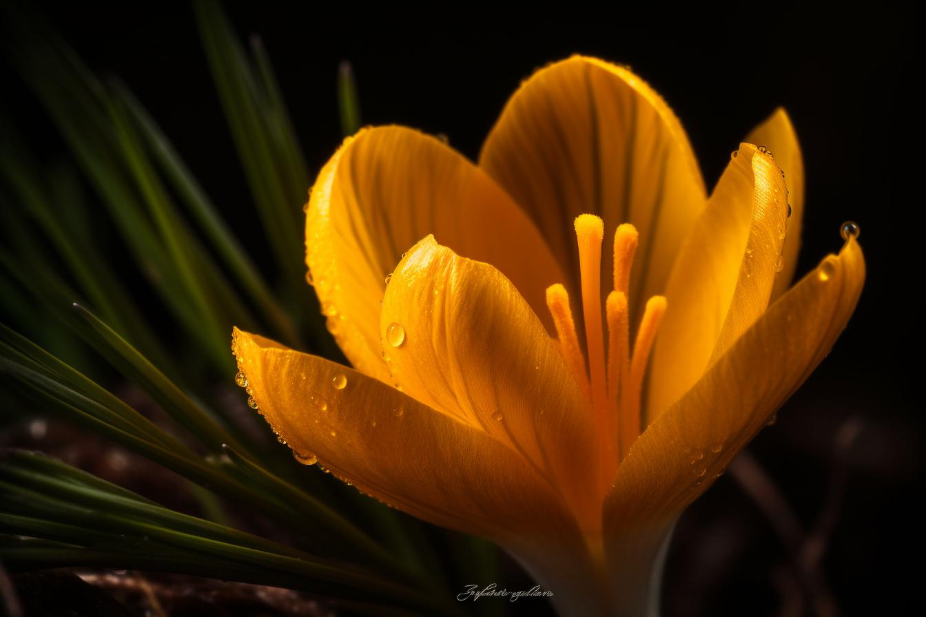 Midjourney prompt: 'yellow crocus with orange pistil, 2 times magnification, in the style of petzval 85mm f/2.2, precise detailing, warmcore, stockphoto, georg jensen, uhd image, delicate chromatics --ar 500:333 --s 750 --v 5'