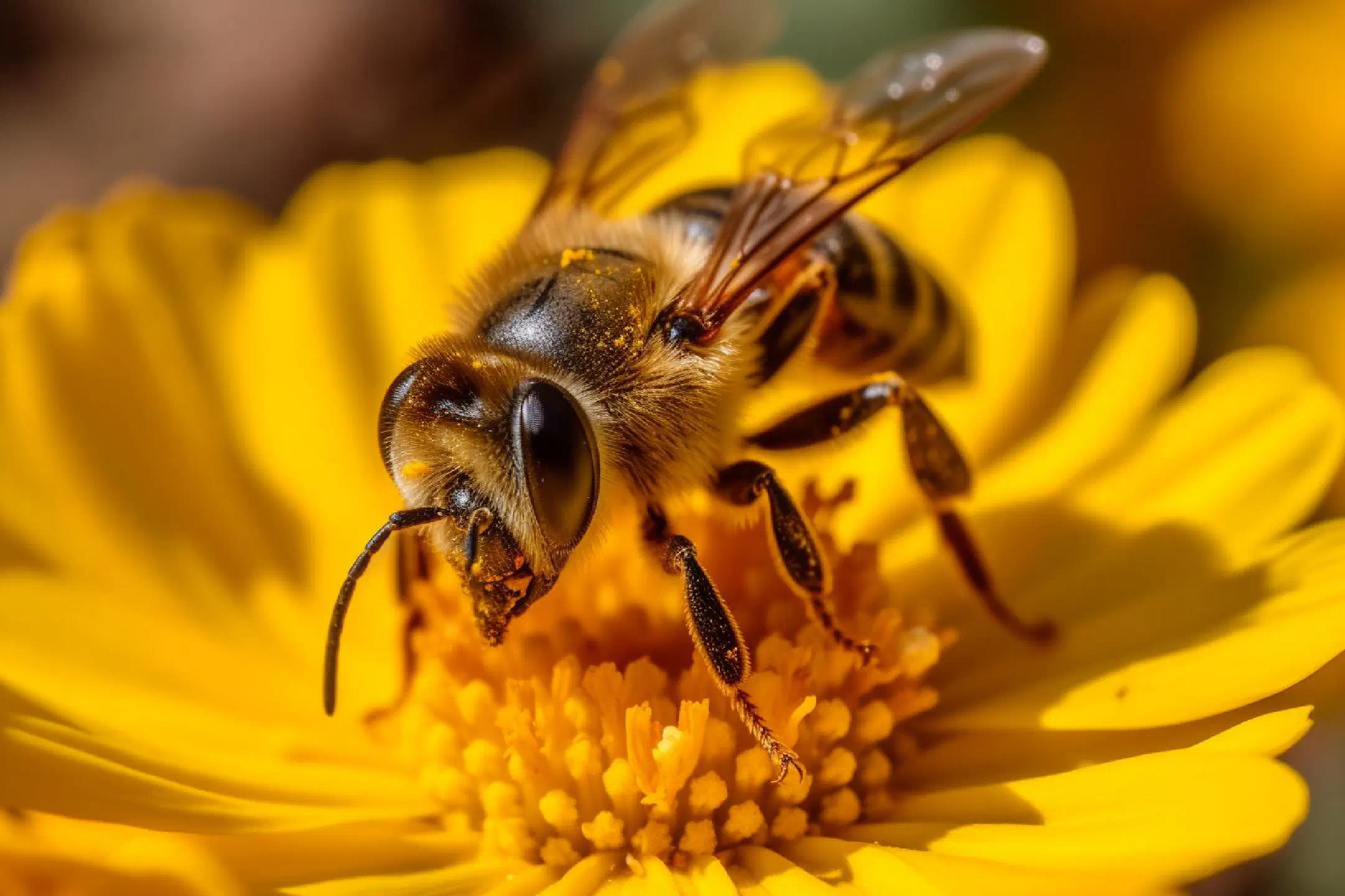 Pollen covered bee on yellow crocus