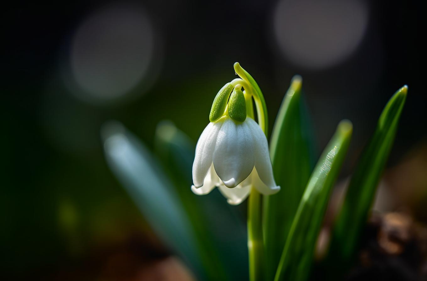 Midjourney prompt: 'one single white flower bud in bloom on Leucojum vernum plant, in the style of nikon d850, realistic, hdr, organic architecture, light green, 32k uhd, backlit photography --ar 67:44 --s 750 --v 5 --s 750 --v 5 '