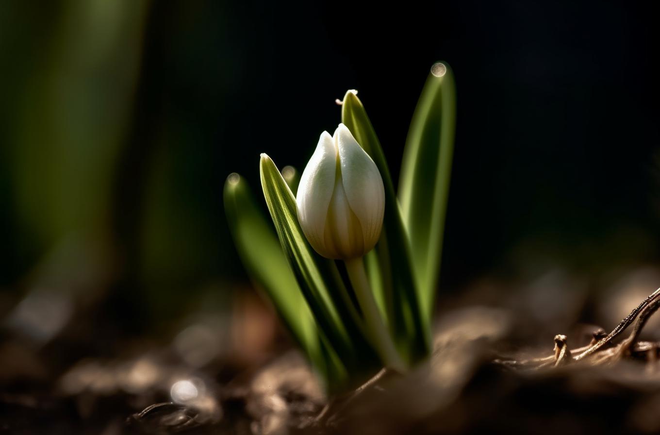 Midjourney prompt: 'one single white flower bud in bloom on Leucojum vernum plant, in the style of nikon d850, realistic, hdr, organic architecture, light green, 32k uhd, backlit photography --ar 67:44 --s 750 --v 5 --s 750 --v 5 '