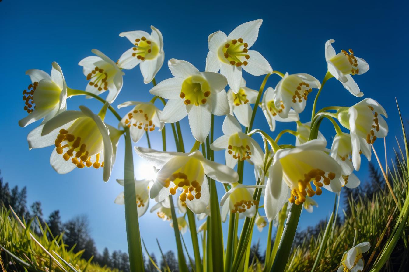 Midjourney prompt: 'Leucojum vernum in close up with yellow centres and blue sky, shot from below, in the style of voigtlander heliar 15mm f/4.5, louis janmot, symmetrical harmony, pontormo, adriaen van utrecht, translucent immersion, 32k uhd --ar 500:333 --s 750 --v 5 '