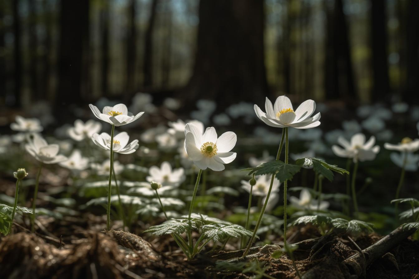 Midjourney prompt: 'various white wood anemones growing in the forest, in the style of nikon d850, 32k uhd --ar 500:333 --s 750 --v 5 '