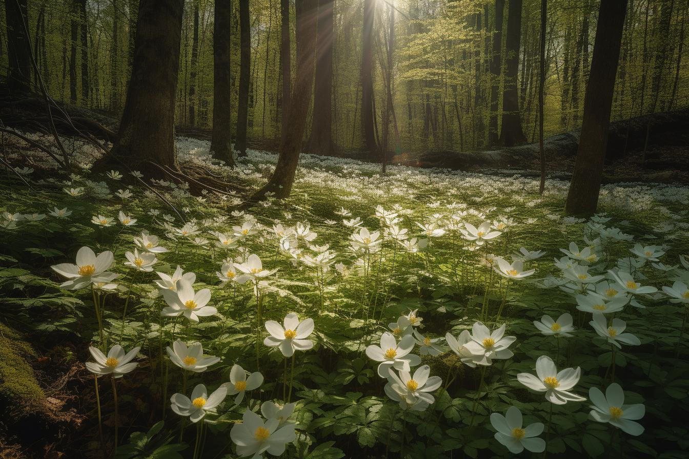Midjourney prompt: 'white wood anemones in a forest, with sunlight shining on them, in the style of nikon d850, wilhelm kotarbiński, horia bernea, 32k uhd, national geographic photo, mark catesby, high quality photo --ar 500:333 --s 750 --v 5'