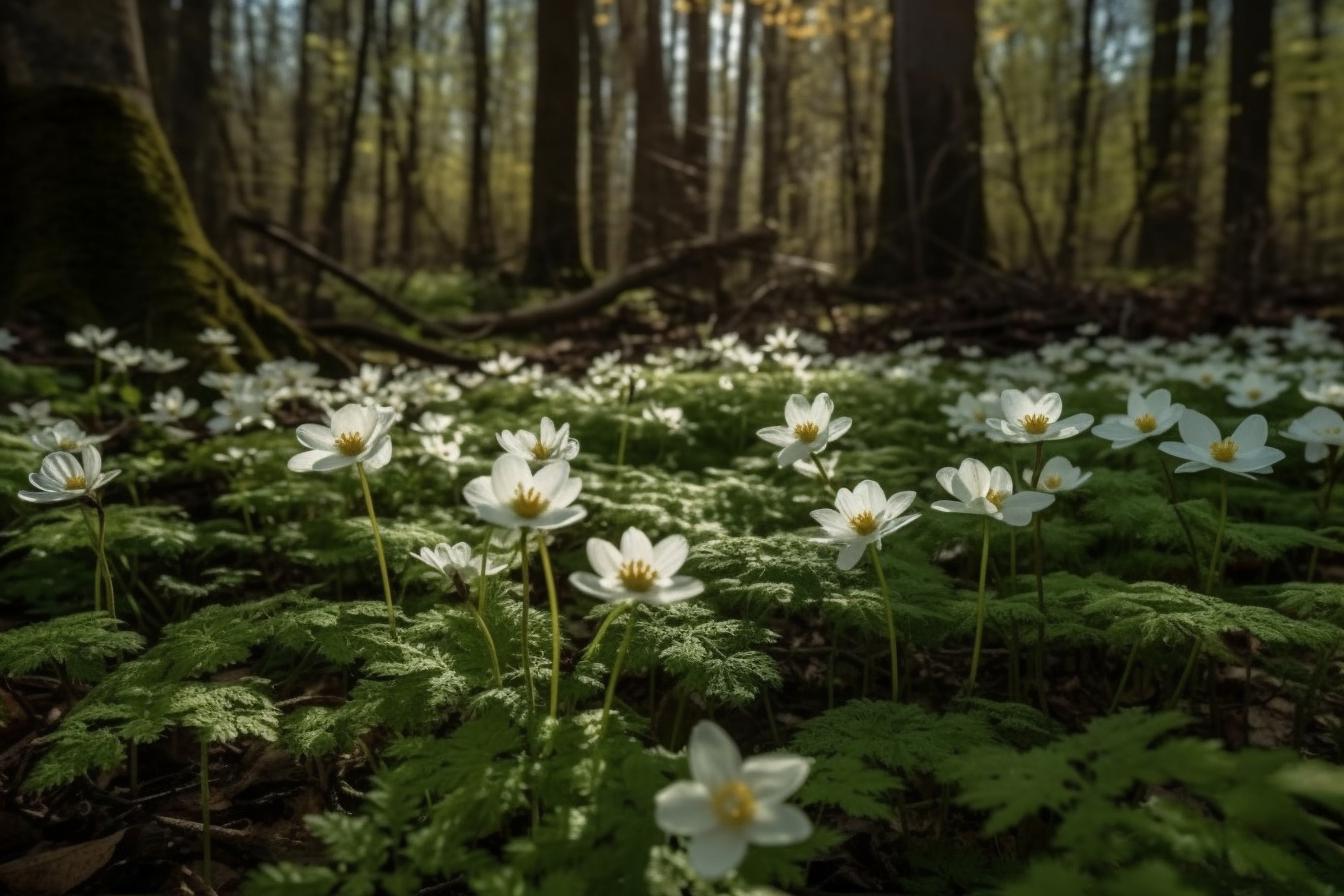 Midjourney prompt: 'various white wood anemones growing in the forest, in the style of nikon d850, 32k uhd --ar 500:333 --s 750 --v 5 '