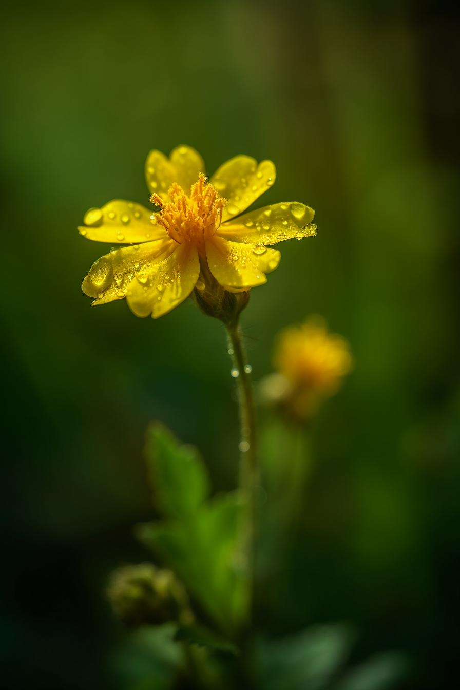 Midjourney prompt: 'a yellow pilewort flower is out in the sun on a green field, in the style of sigma 105mm f/1.4 dg hsm art, wet-on-wet blending, uhd image, stockphoto, soft, romantic scenes, nature inspired, impressionistic color usage --ar 333:500 --s 750 --v 5'