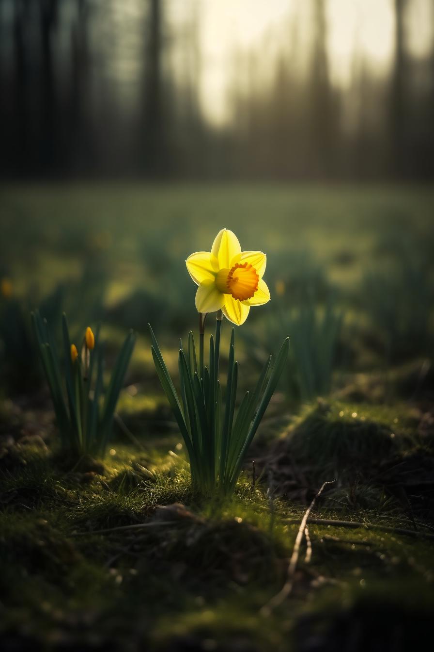 Midjourney prompt: 'a daffodil growing in a field, in the style of nikon d850, joachim patinir, 32k uhd, uhd image, stockphoto, lensbaby optics, stock photo --ar 333:500 --s 750 --v 5'