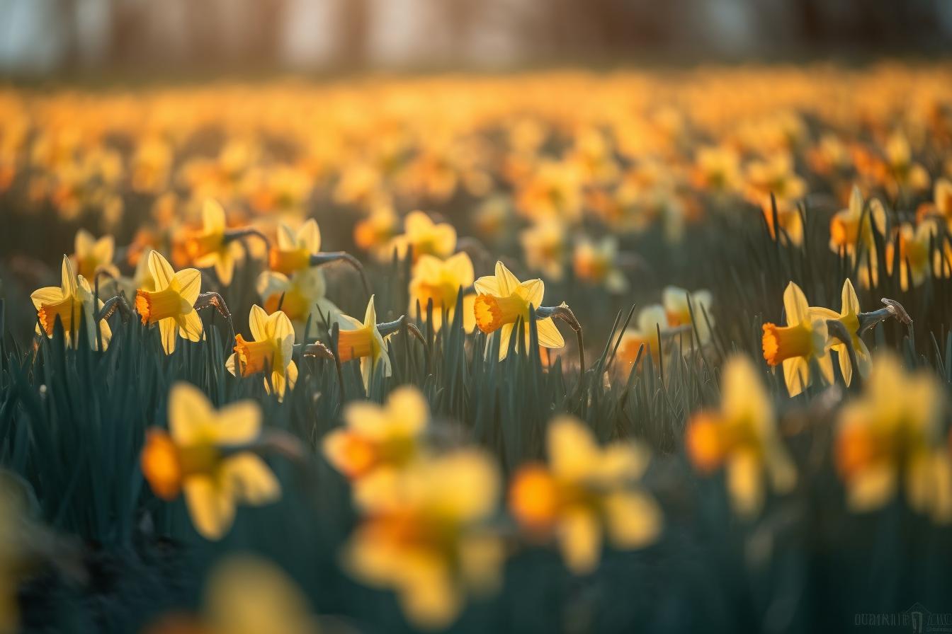 Midjourney prompt: 'many yellow daffodils blooming in the field, in the style of shallow depth of field, dusseldorf school of photography, uhd image, national geographic photo, stock photo, light black and orange, light emerald and orange --ar 500:333 --s 750 --v 5'