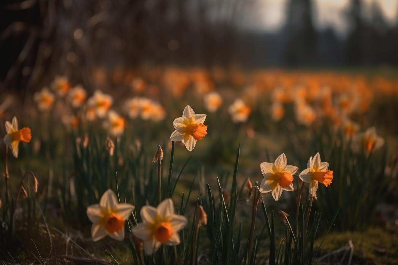 Midjourney prompt: 'daffodils blooming in the field, in the style of low depth of field, nikon d850, uhd image, orange, soft-focus technique, eye-catching, lesser ury --ar 500:333 --s 750 --v 5 '