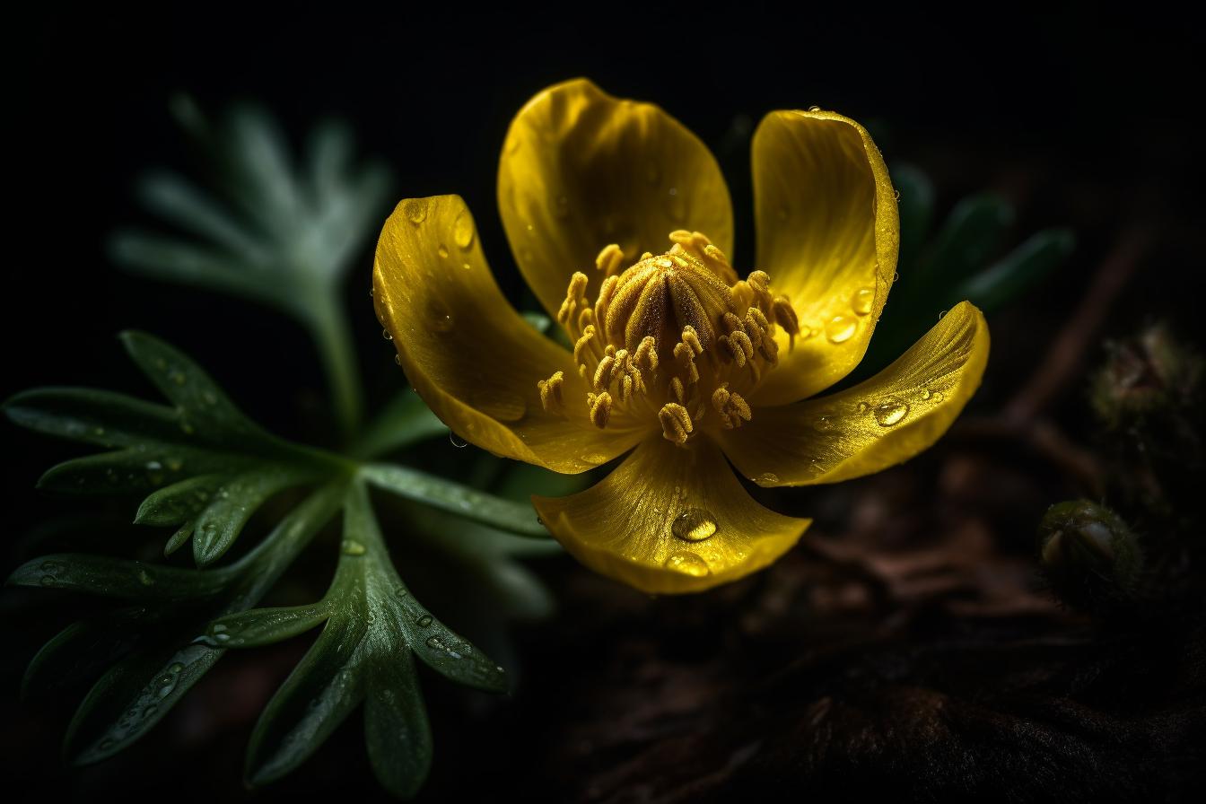 Midjourney prompt: 'yellow winter aconite in a very dark environment, in the style of focus stacking, detailed craftsmanship, zeiss batis 18mm f/2.8, nature-inspired art nouveau, national geographic photo, polished craftsmanship, vibrant, lively --ar 100:67 --s 750 --v 5'