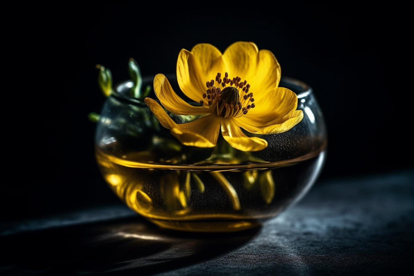 Midjourney prompt: 'this picture is of a yellow winter aconite inside a vase with dark background, in the style of macro perspectives, uhd image, tokina opera 50mm f/1.4 ff, microscopic views, national geographic photo, abstract nature, sunrays shine upon it --ar 100:67 --s 750 --v 5'