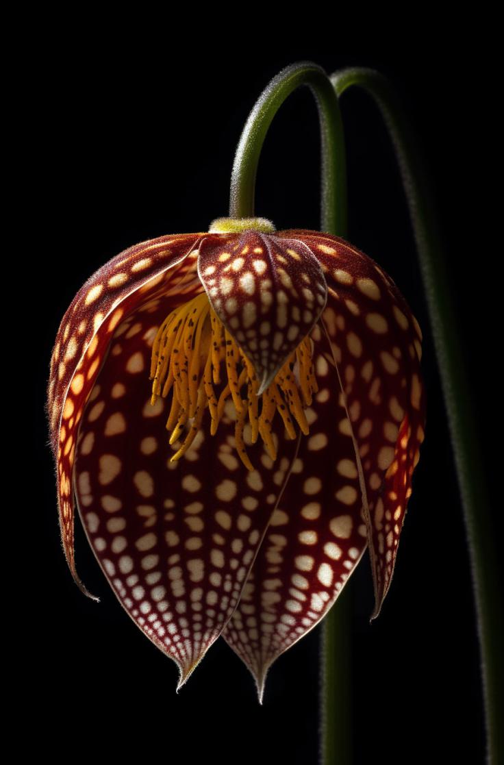 Midjourney prompt: 'a hanging blossom of a Fritillaria meleagris photographed from below, in the style of light maroon and yellow, intricate use of hatching, topcor 58mm f/1.4, polka dot madness, barthel bruyn the elder, bold structural designs, organic patterns --ar 33:50 --s 750 --v 5 --s 750 --v 5 --s 750 --v 5'