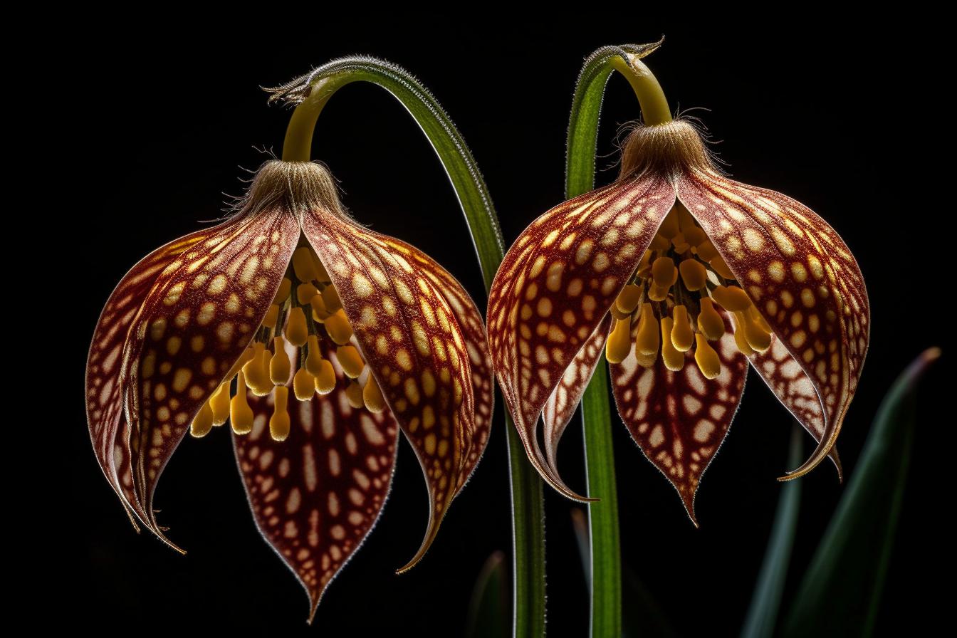 Midjourney prompt: 'two a hanging blossom of a Fritillaria meleagris photographed from below, growing in green trees next to each other, in the style of zeiss otus 85mm f/1.4 apo planar t*, light maroon and gold, striking symmetrical patterns, meindert hobbema, dotted, dramatic diagonals, mottled --ar 500:333 --s 750 --v 5'