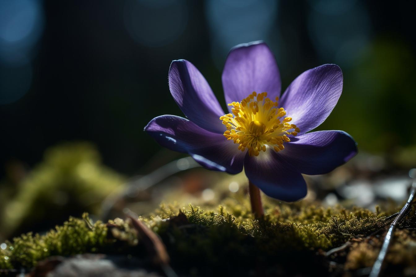Midjourney prompt: 'a blue wood anemone flower on bright sunny day, in the style of laowa 100mm f/2.8 2x ultra macro apo, dark violet and yellow, eduard gaertner, vibrant color fields, secessionist style, 32k uhd, vibrant color choices --ar 125:83 --s 750 --v 5 '