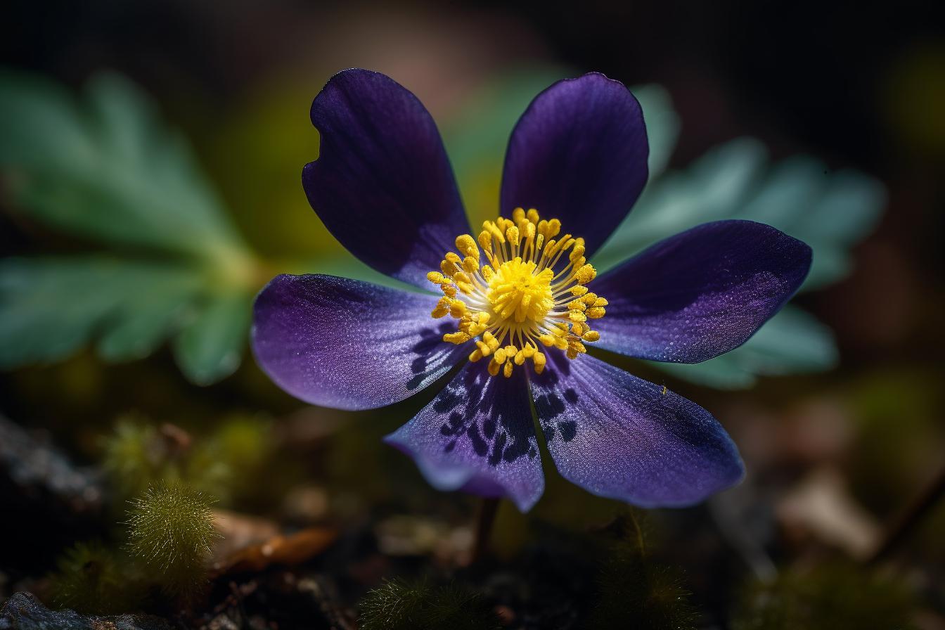Midjourney prompt: 'a blue wood anemone flower on bright sunny day, in the style of laowa 100mm f/2.8 2x ultra macro apo, dark violet and yellow, eduard gaertner, vibrant color fields, secessionist style, 32k uhd, vibrant color choices --ar 125:83 --s 750 --v 5 '