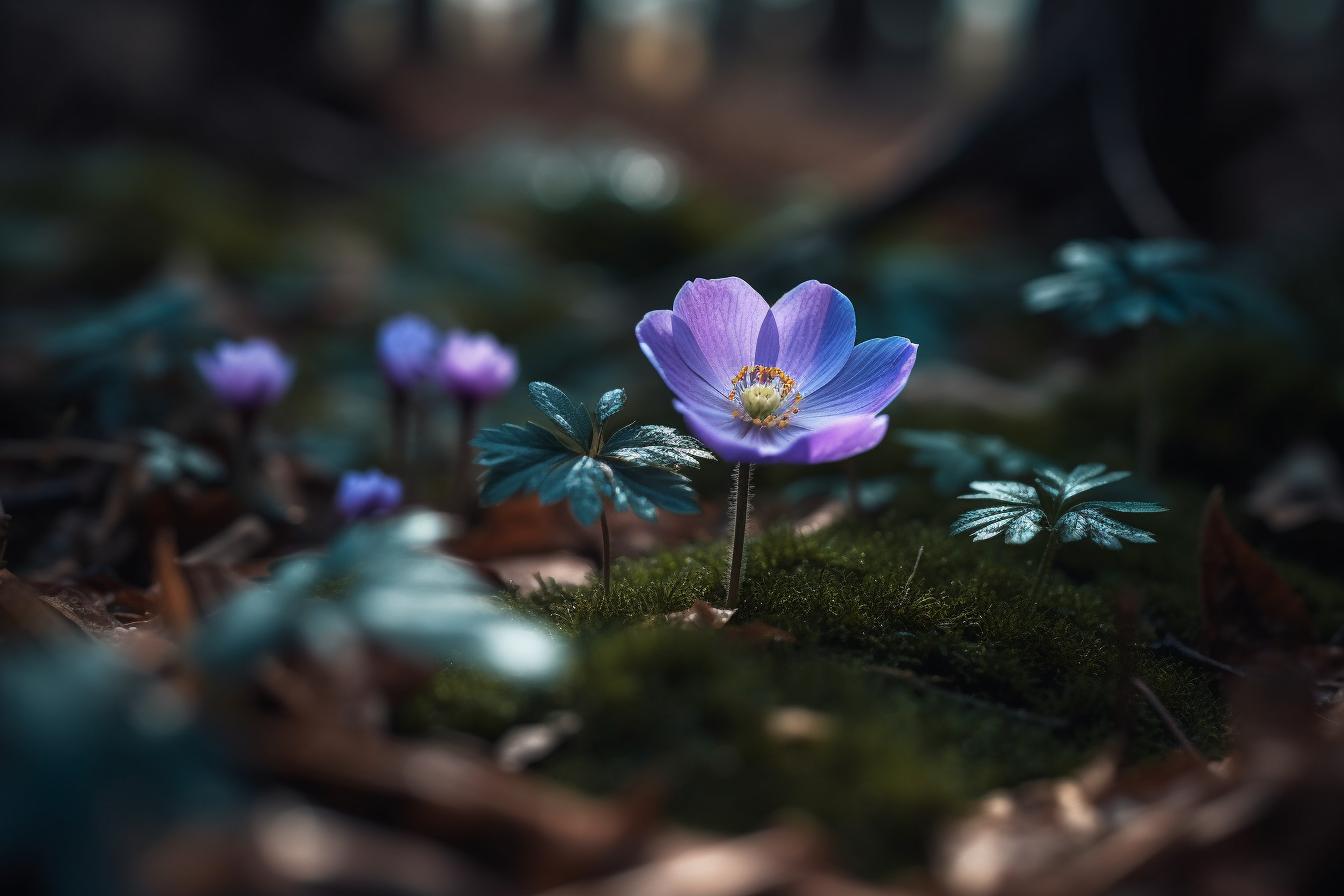 Midjourney prompt: 'violet and purple wood anemones surround a small blue flower, in the style of petzval 85mm f/2.2, light white and pink, leica r3, post-impressionist coloration, luminous reflections, dynamic color schemes, wimmelbilder --ar 500:333 --s 750 --v 5'