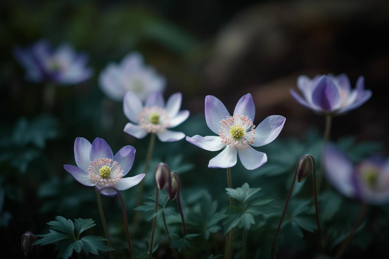 Midjourney prompt: 'blue and white wood anemone flowers by geoff steward on 500px, in the style of blurred, dreamlike atmosphere, bloomsbury group, fujifilm x-t4, light magenta and dark blue, charles rennie mackintosh, sony alpha a1, romantic use of light --ar 500:333 --s 750 --v 5'