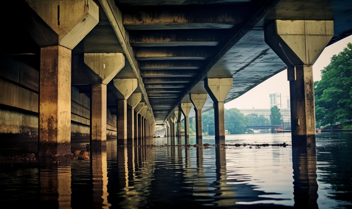 Midjourney prompt: 'water under bridge, in the style of tabloid photography, precisionist lines, danube school, uhd image, ferrania p30, light and harmonious, #vfxfriday --ar 27:16 --s 750 '