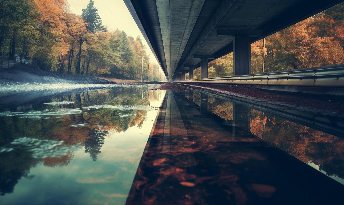 Midjourney prompt: 'under an asphalt roadway over water with trees near it, in the style of voigtlander bessa r2m, light and harmonious, filip hodas, camera lucida, ad posters, raw and edgy, photo taken with nikon d750 --ar 27:16 --s 750'
