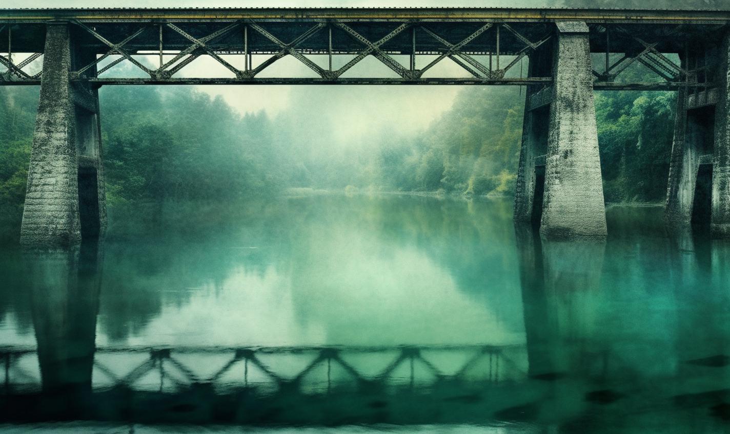 Midjourney prompt: 'photo of the railway bridge on the river with green water, in the style of layered imagery with subtle irony, provia film, precisionist art, album covers, strong diagonals, ad posters, mysterious backdrops --ar 27:16 --s 750'