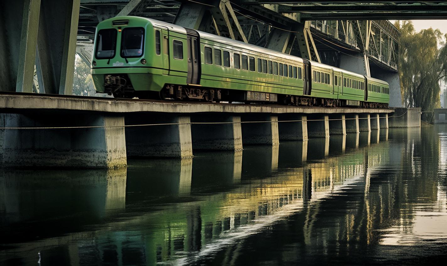 Midjourney prompt: 'a photo of a bridge over the water, in the style of experimental cinematography, ad posters, light green and dark gray, franco fontana, train graffiti focus, photo taken with provia, straight photography --ar 27:16 --s 750'