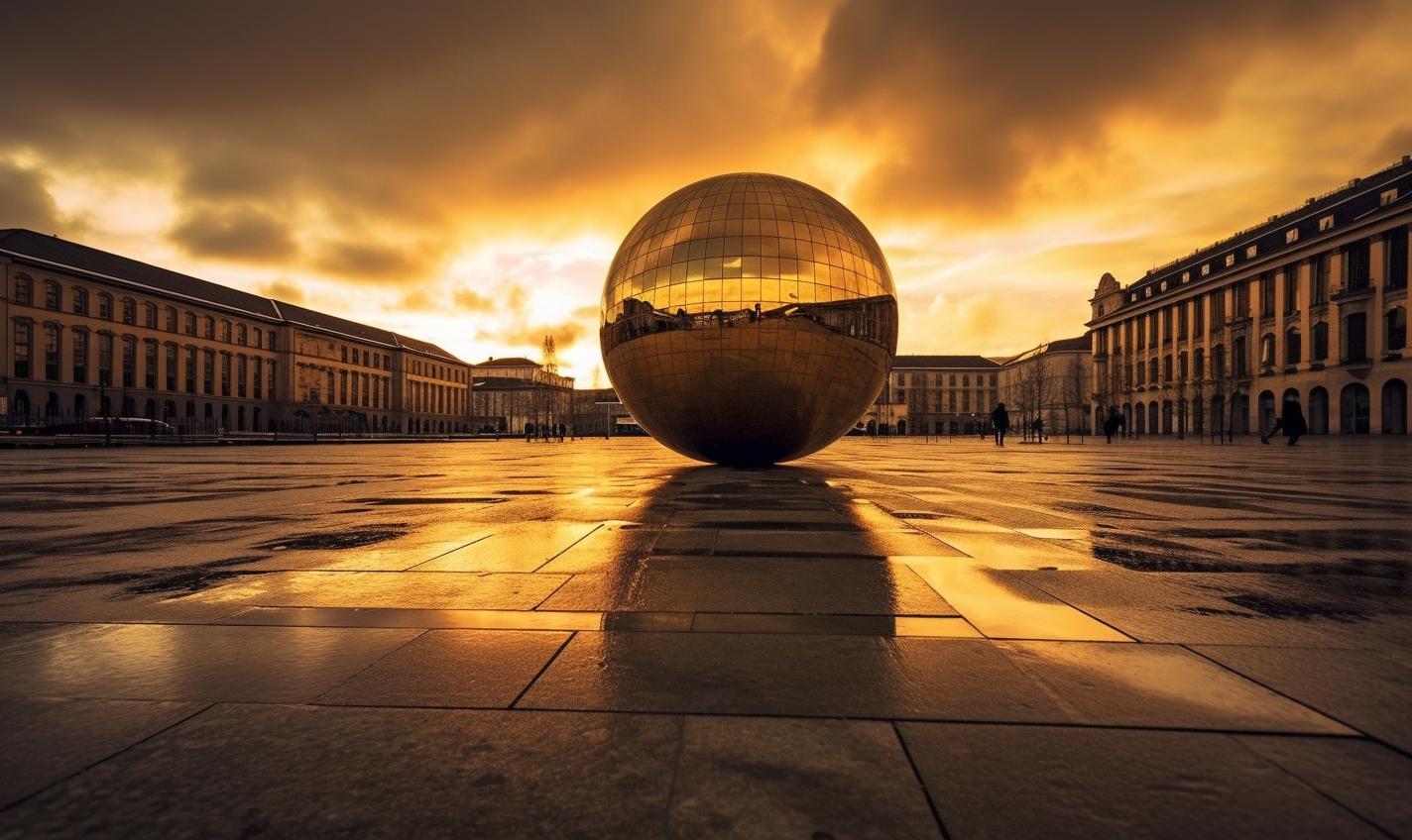Midjourney prompt: 'a gold ball in a town square, in the style of landscape photography, dramatic skies, the düsseldorf school of photography, ferrania p30, dynamic chiaroscuro, trance compilation cd, art of tonga --ar 27:16 --s 750'