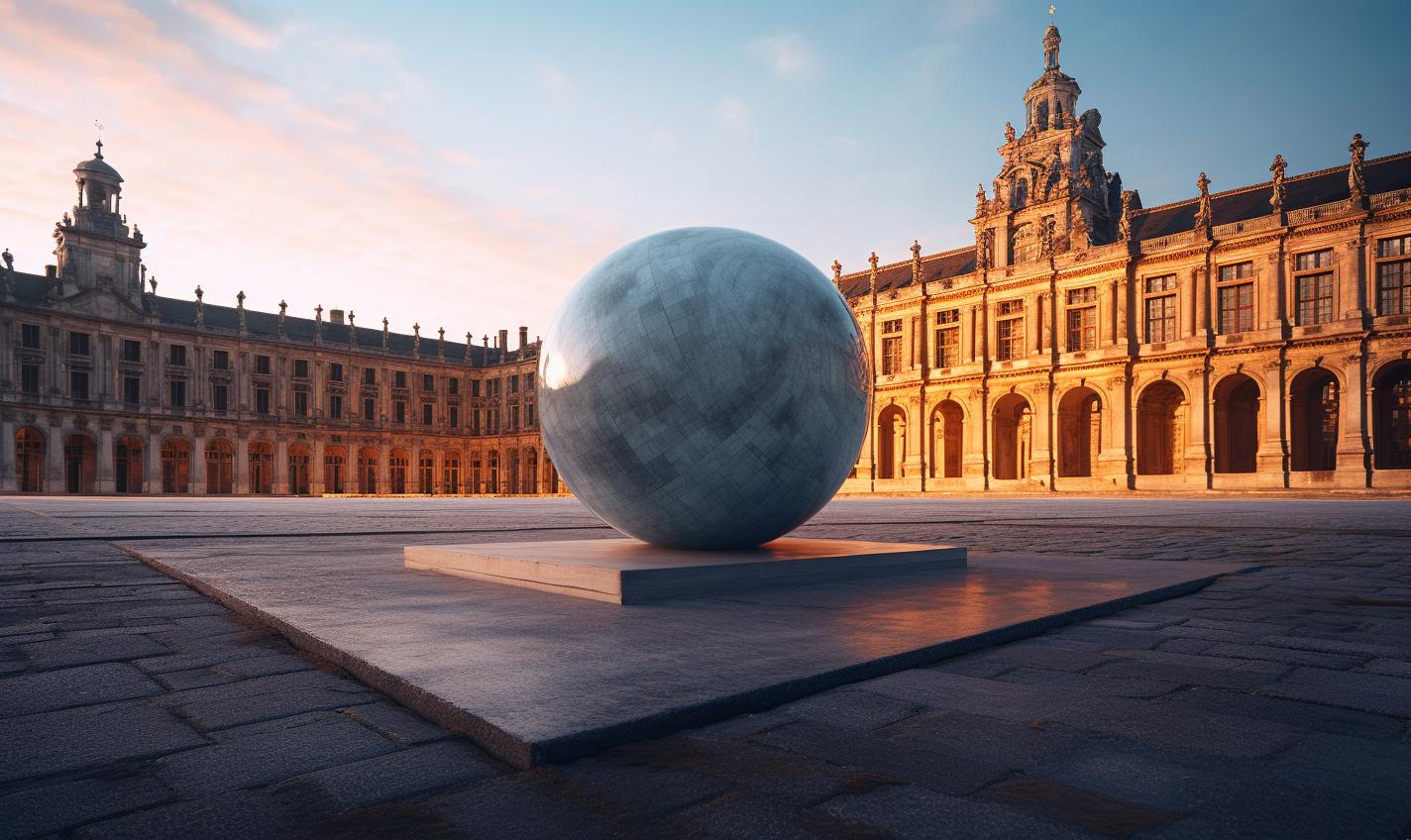 Midjourney prompt: 'an old tower in the middle of a square, in the style of cityscape photographer, a spherical marble sculpture in front, daan roosegaarde, ferrania p30, high quality photo, moyoco anno, french landscape --ar 27:16 --s 750 --s 750 '