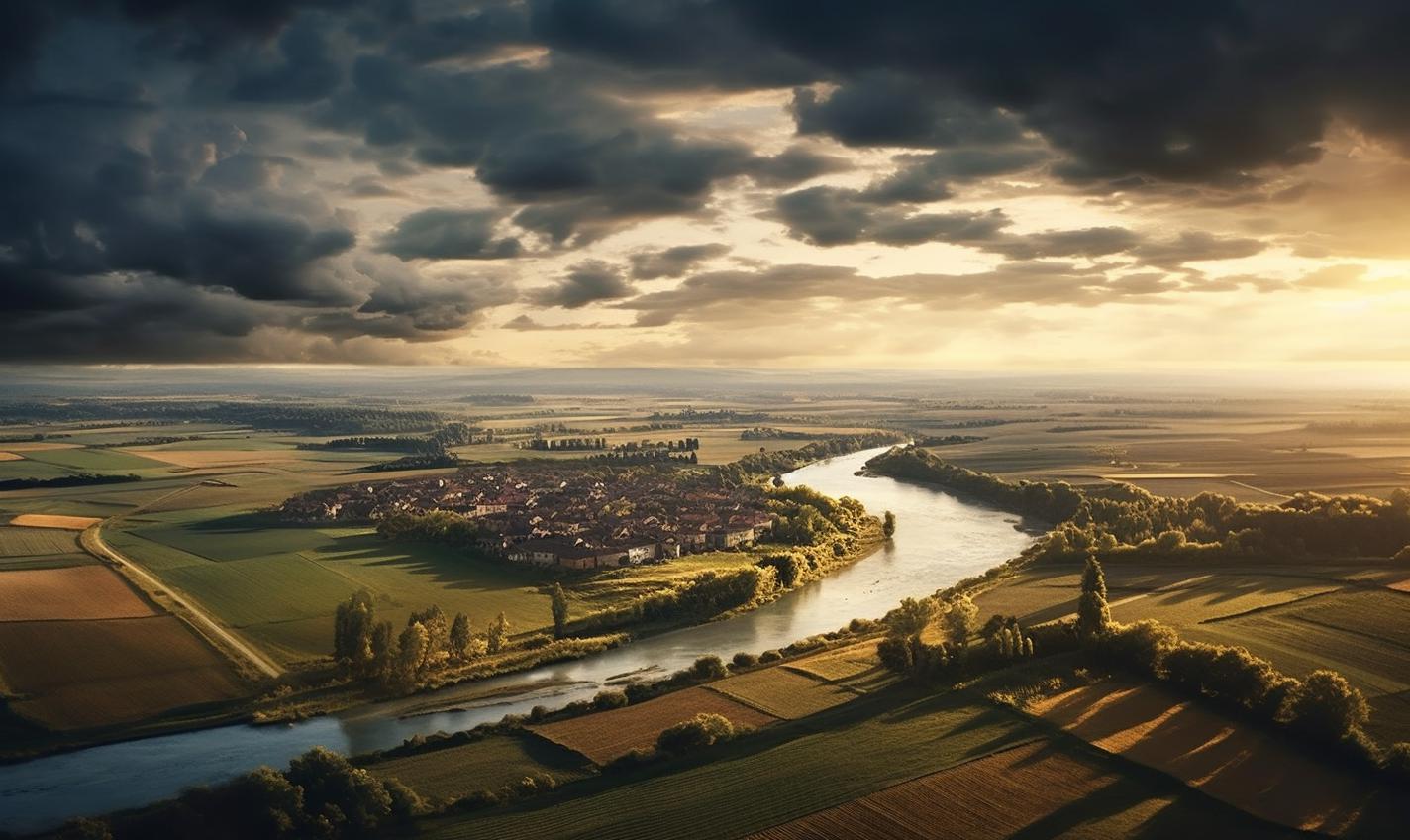 Midjourney prompt: 'a photo of a city and a field near a river, in the style of tamron 24mm f/2.8 di iii osd m1:2, italian landscapes, photo-realistic landscapes, panorama, aerial view, dramatic atmospheric perspective, flemish baroque --ar 27:16 --s 750 '