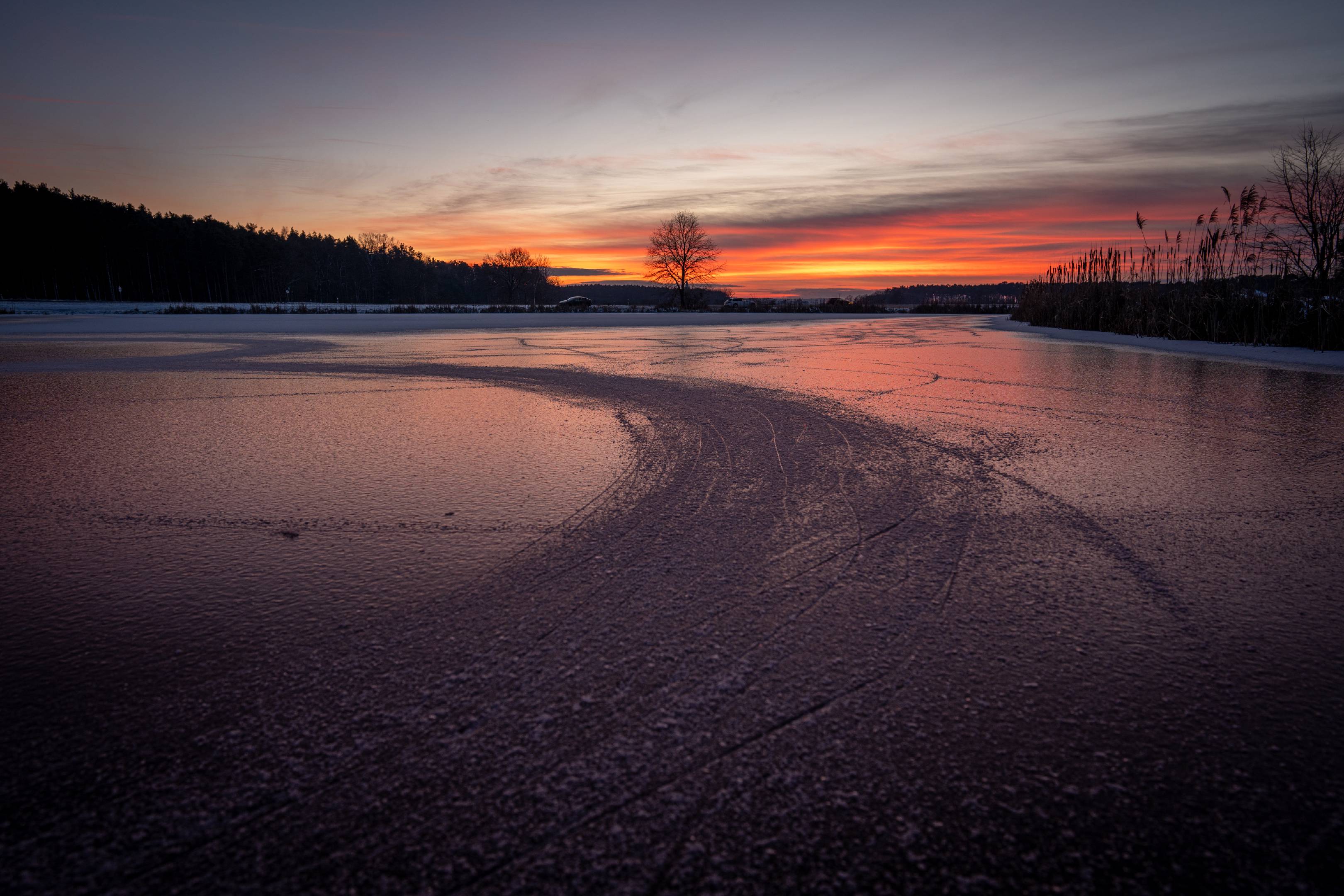 Frozen lake after sunset