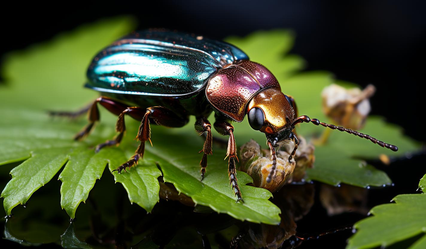 Midjourney prompt: 'a green beett on a leaf with pink wings, in the style of medium format lens, dark navy and light emerald, award-winning, shimmering, norwegian nature, raw documentation, shiny/glossy --ar 128:75 --s 750'