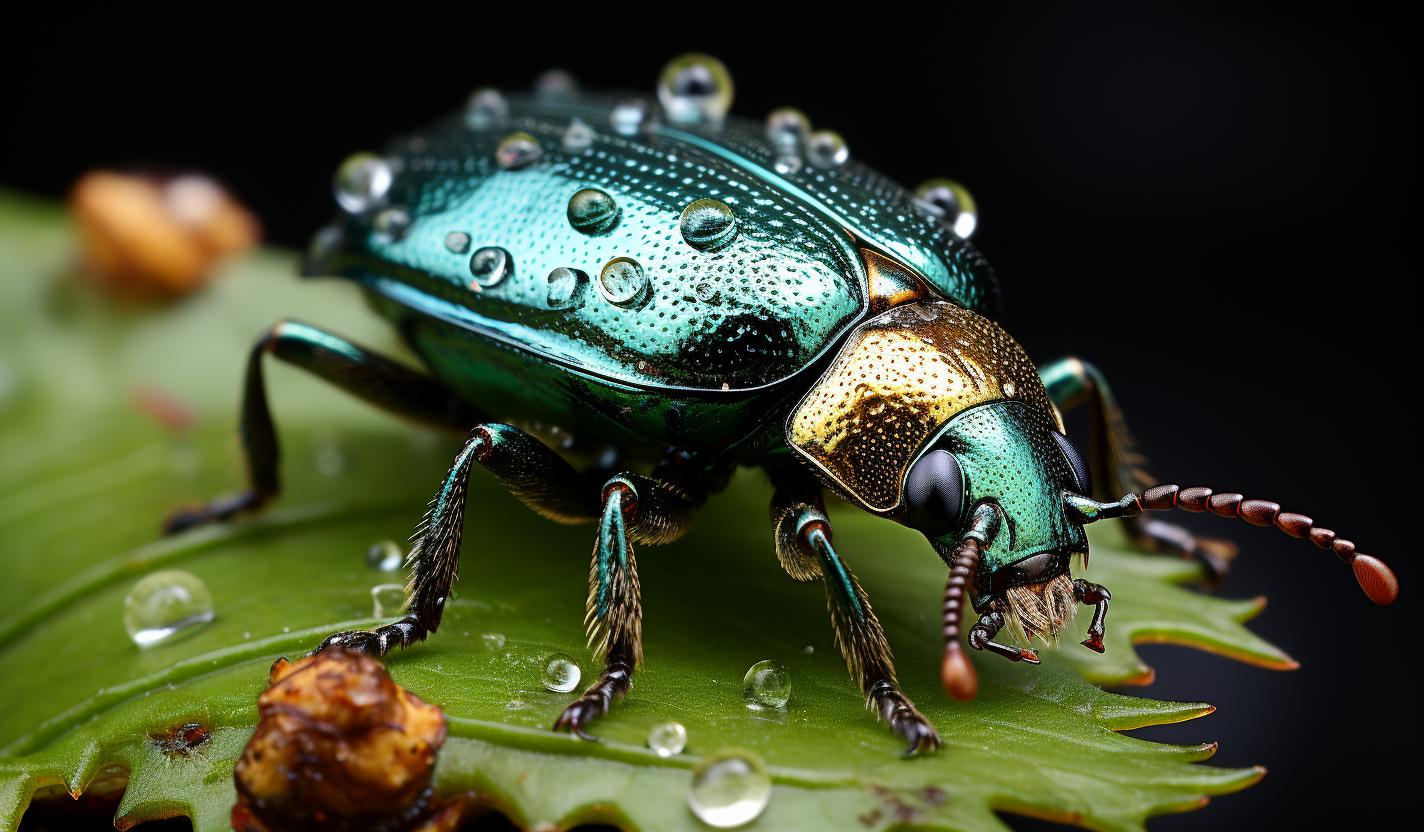 Midjourney prompt: 'a green dock beetle on a leaf, in the style of medium format lens, dark navy and light emerald, award-winning, shimmering, norwegian nature, raw documentation, shiny/glossy --ar 128:75 --s 750'