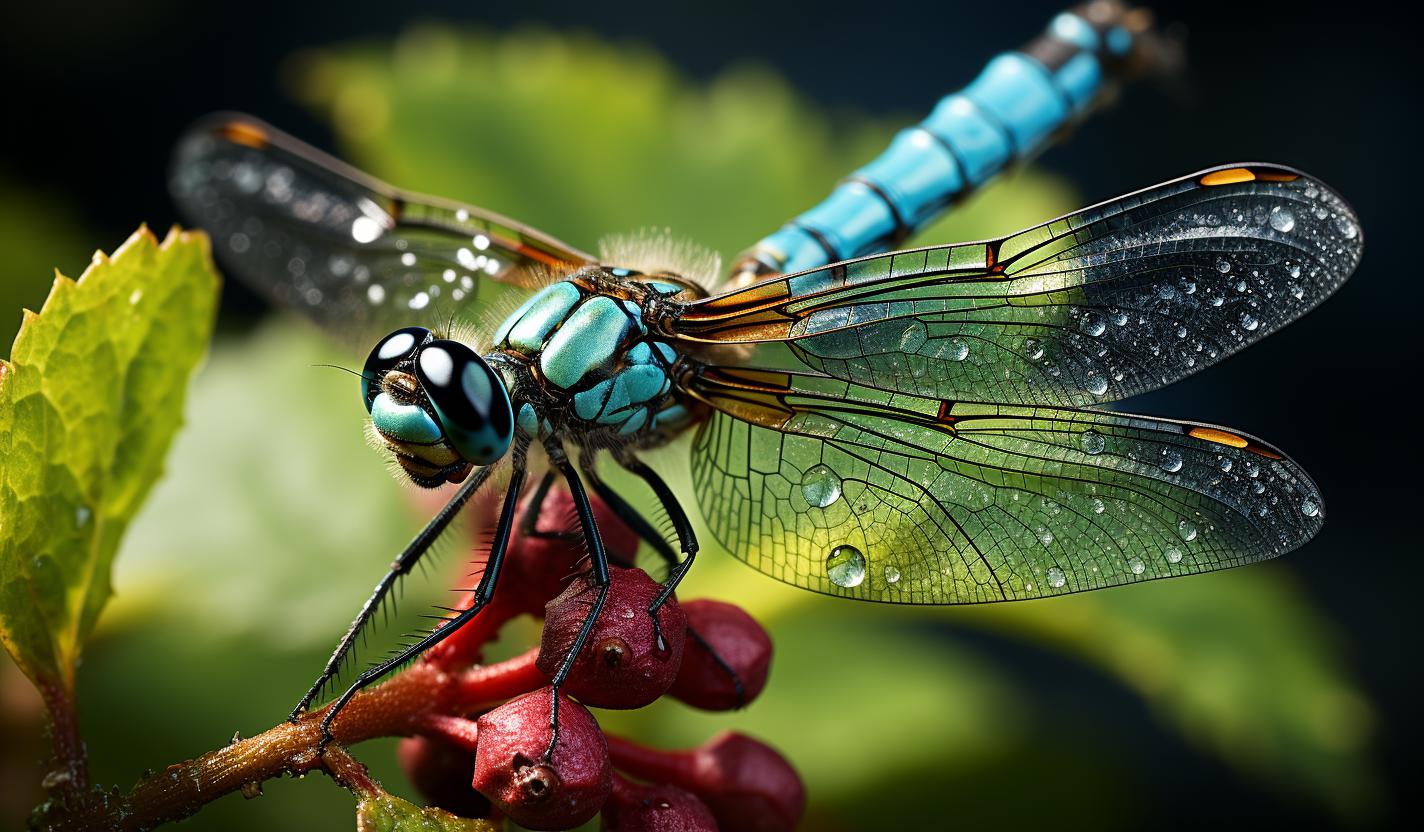 Midjourney prompt: 'blue dragon fly on stem with green background, in the style of mark seliger, dallmeyer 3b 75mm f/1.9 super six anastigmat, dark turquoise and silver, erik johansson, innovative page design, focus stacking, color splash --ar 128:75 --s 750'
