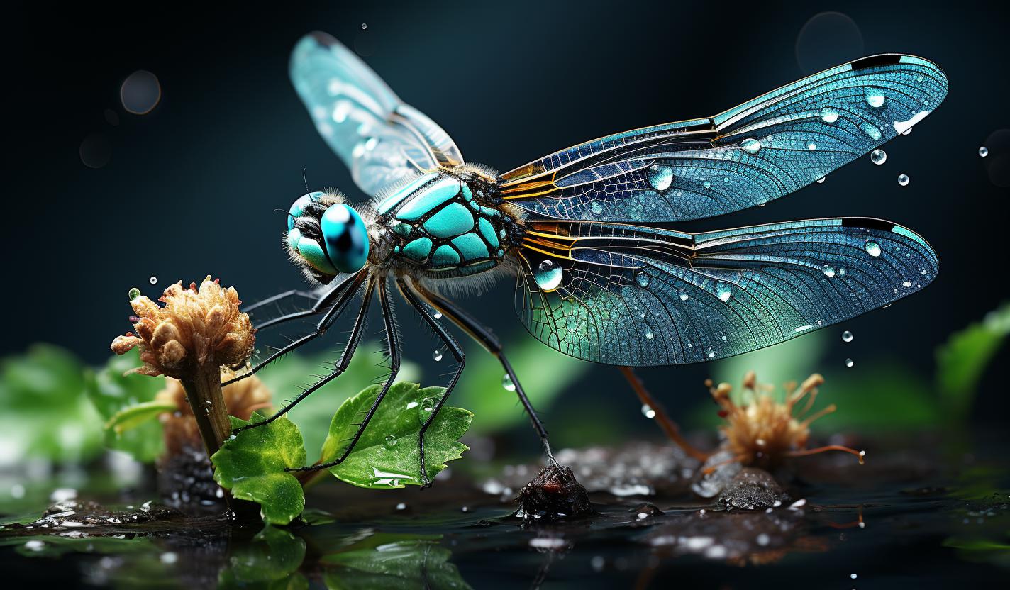 Midjourney prompt: 'a blue dragonfly eats some green shoots, in the style of bill gekas, dallmeyer 3b 75mm f/1.9 super six anastigmat, color splash, innovative page design, anna dittmann, bold color field, uhd image --ar 128:75 --s 750'