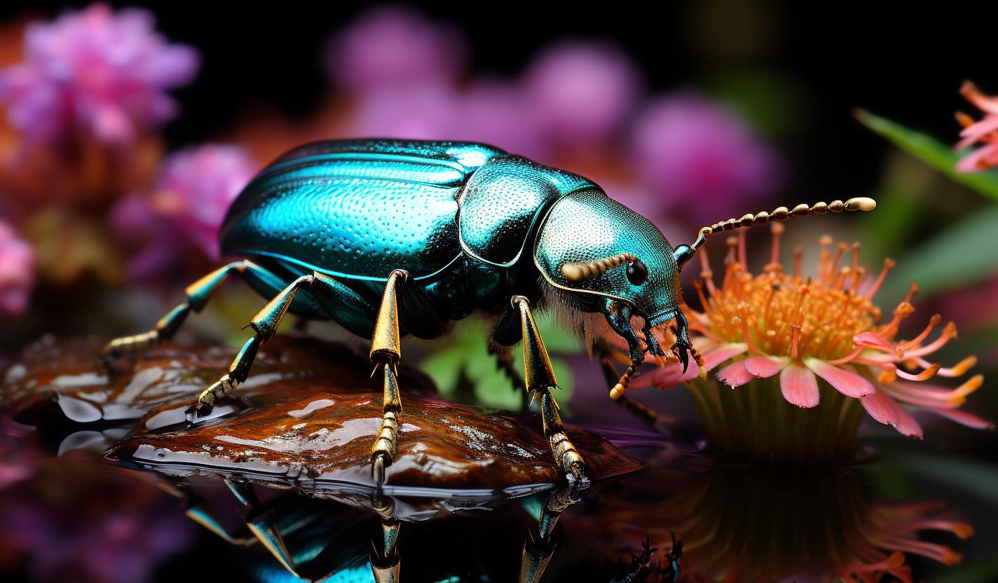 Midjourney prompt: 'blue beetle, a small, blue bug on a flower, in the style of liam wong, dark emerald, dark emerald and navy, schlieren photography, lee bogle, konica big mini, rainbowcore --ar 128:75 --s 750'