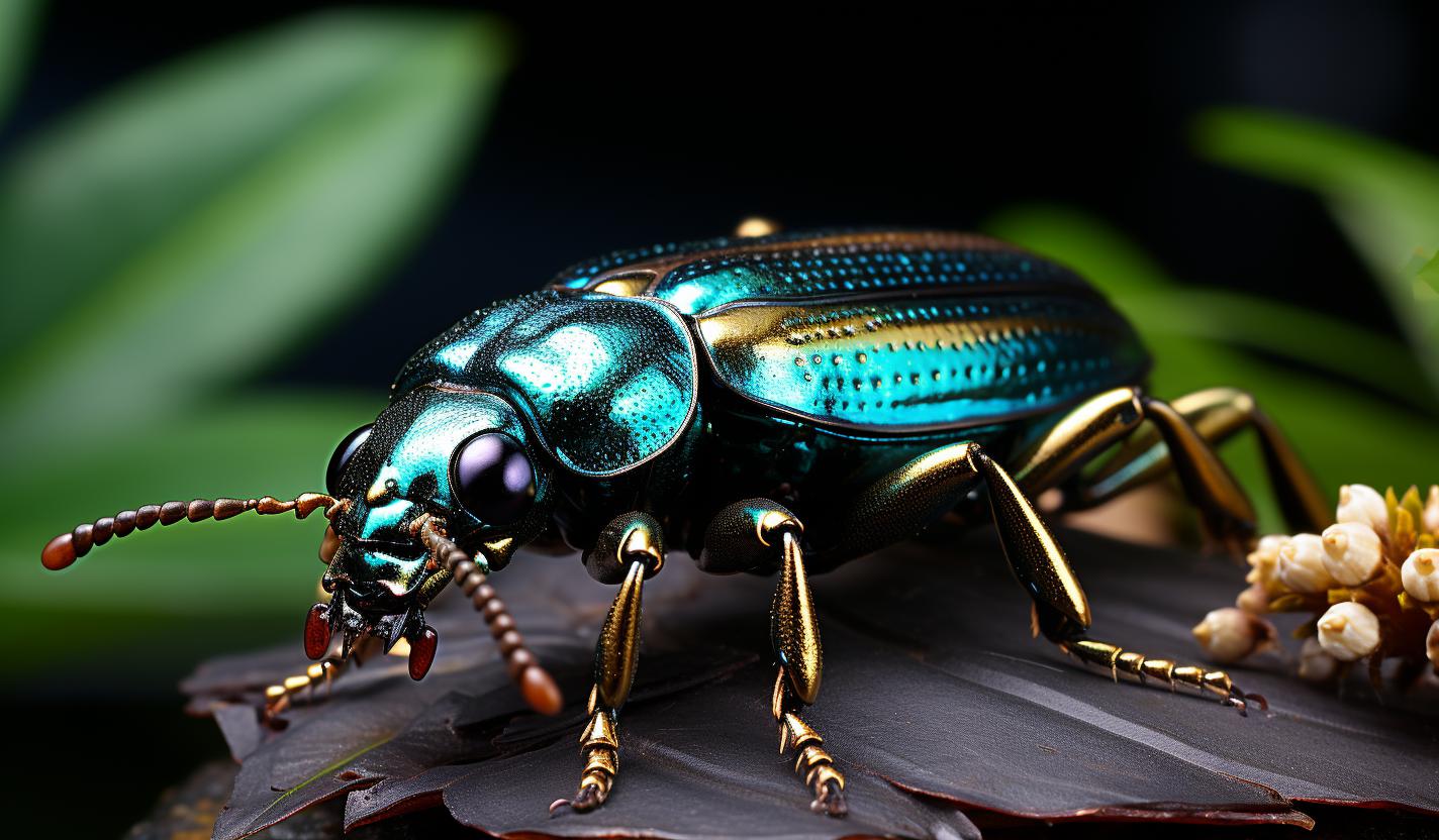 Midjourney prompt: 'a beetle resting on a green leaf, in the style of dark azure and emerald, bio-art, bold chromaticity, konica big mini, award-winning, the blue rider, bold color palate --ar 128:75 --s 750'