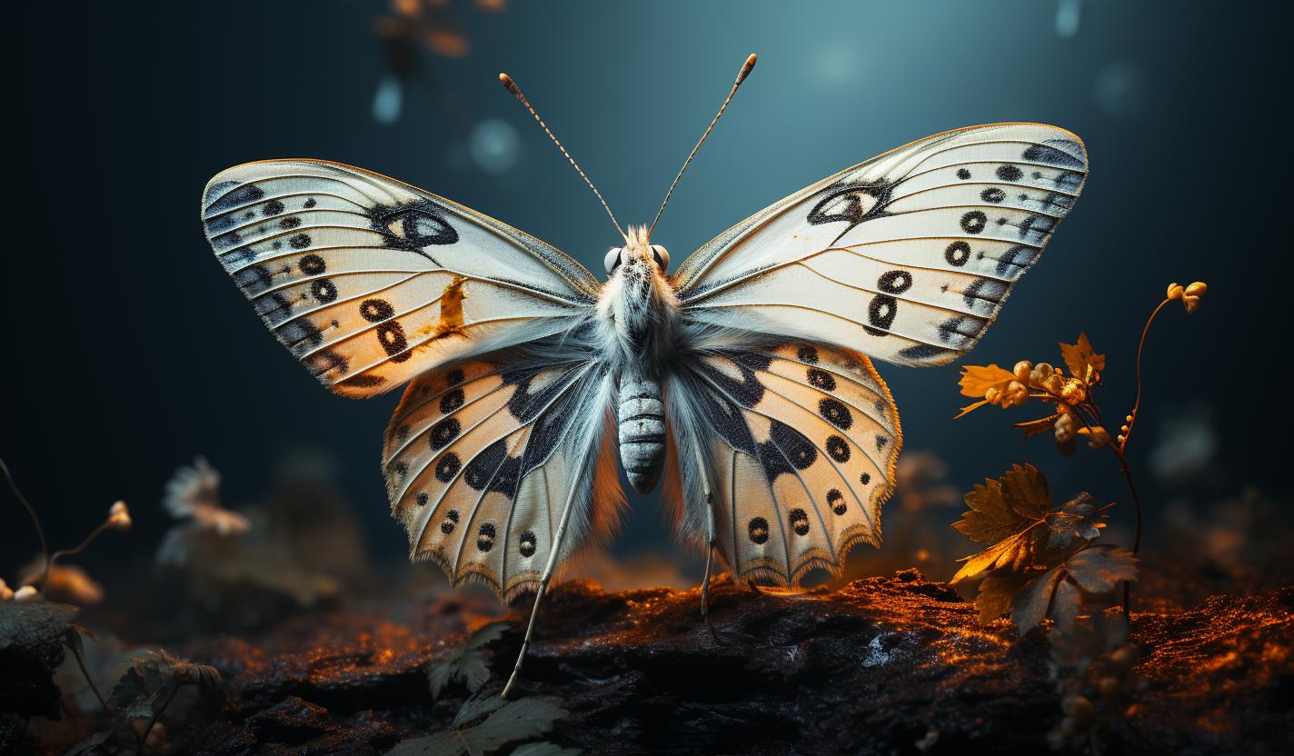 Midjourney prompt: 'an image of a marbled white with its wings spread, in the style of focus stacking, raw vulnerability, striped arrangements, lee bogle, macro lens, transportcore, light brown and white --ar 128:75 --s 750'
