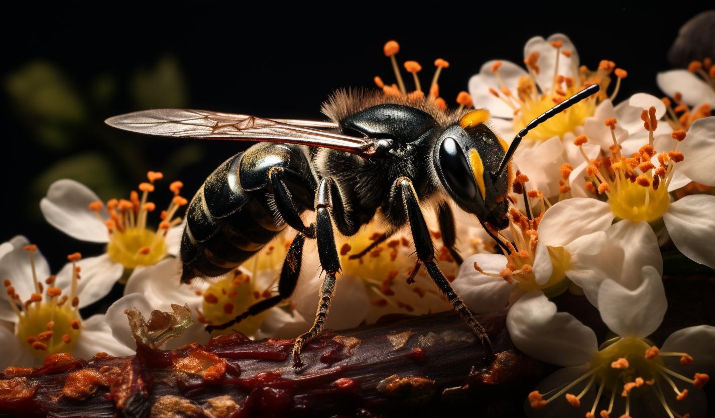 Midjourney prompt: 'a black a bramble sawfly on white flowers, in the style of vibrant, high-energy imagery, raw documentation, dark gray and dark amber, rangefinder lens, sgrafitto, 32k uhd, striated resin veins --ar 128:75 --s 75 - '