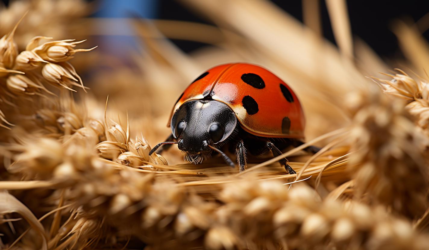 Midjourney prompt: 'a lady bug is sitting on some hay, in the style of samyang 14mm f/2.8 if ed umc aspherical, detailed feather rendering, captivating floral still lifes, bold and contrasting colors, award-winning, leica cl, organic sculpting --ar 128:75 --s 750'