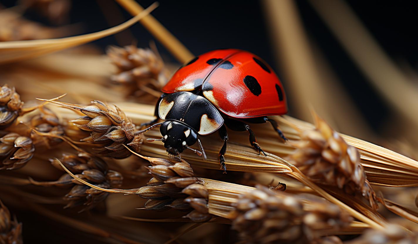 Midjourney prompt: 'a ladybug sits on top of some fescue, in the style of samyang 14mm f/2.8 if ed umc aspherical, attention to fur and feathers texture, color splash, iso 200, captivating floral still lifes, lisette model, light red and dark navy --ar 128:75 --s 750 '